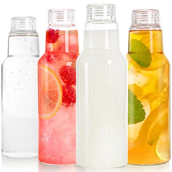 4 Pack Glass Milk Bottle, 34 Oz Reusable Juice Drinking Jar with Airtight Lid...