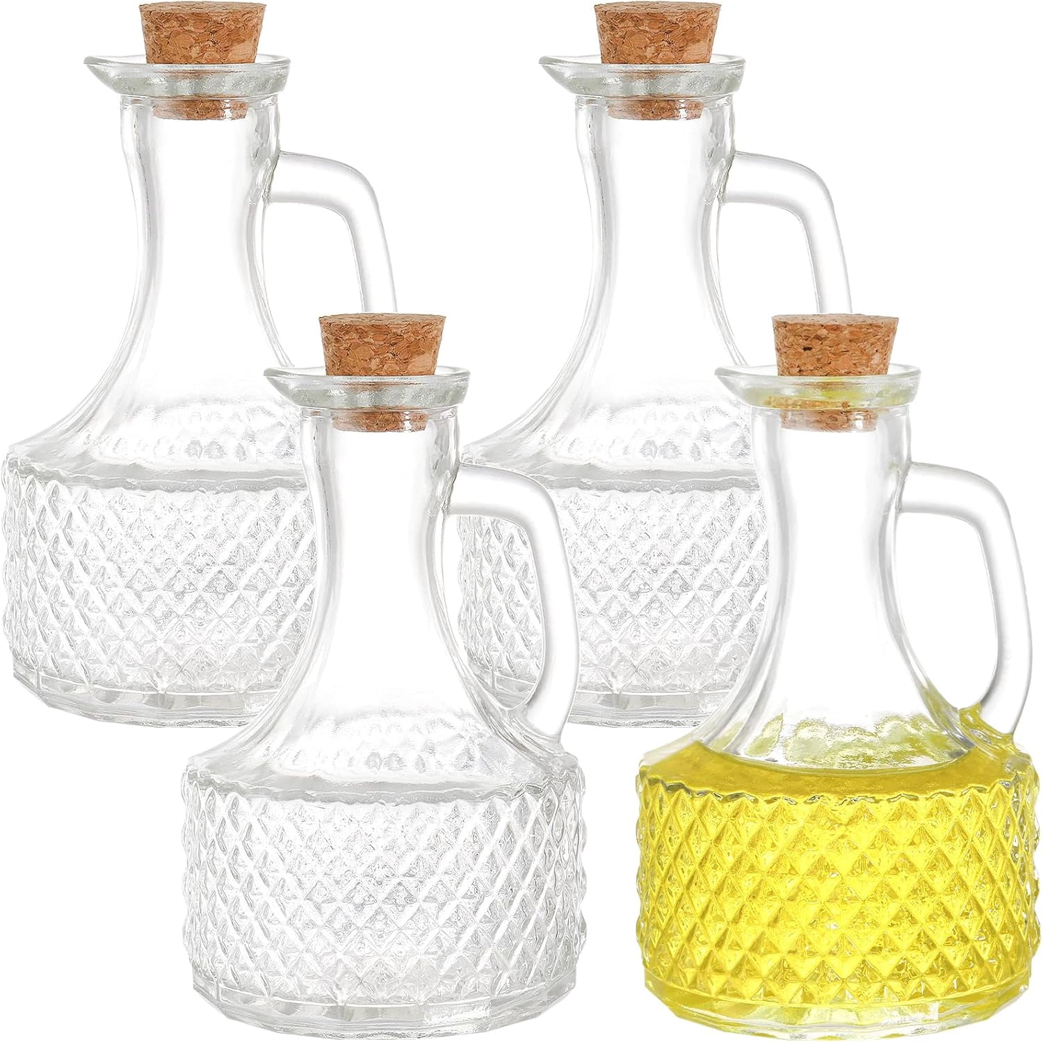 4 Pack Glass Oil and Vinegar Cruets Bottles, 13.5 Ounce Glass Olive Oil Dispenser Bottle with Handle and Cork, Soy Sauce Salad Dressing Syrup Liquid Dispenser for Kitchen