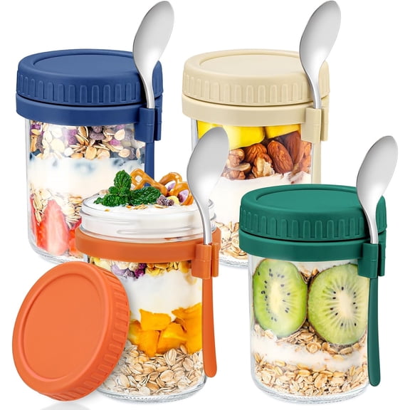 4  Glass Overnight Oats Containers with  and Spoons 16 Oz Mason Jars for Overnight Oats Jars Leak Proof Oatmeal Container Meal Prep Jar for Cereal Fruit Vegetable Milk Salad Yogurt