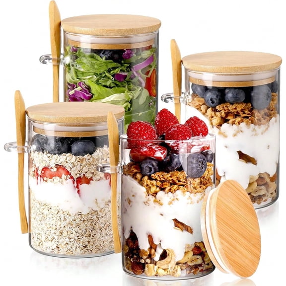 4 Pack Glass Overnight Oats Jars, 8PCS Set with Bamboo Lids & Spoons, Glass Food Storage Containers for Chia Pudding, Salad, Oatmeal, Coffee, Flour & Bread Starter