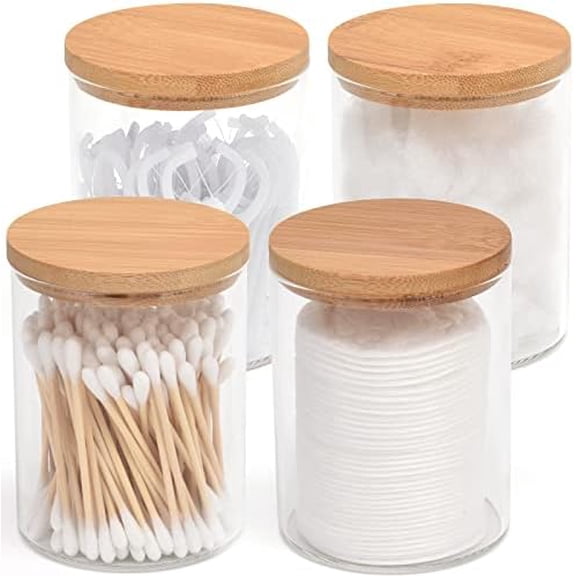 4 Pack Glass Qtip Holder Dispenser Set - Apothecary Jars with Lids for Vanity Makeup Organizer - Bathroom Canister Storage Organizer for Cotton Ball,Swab,Round Pads,Floss