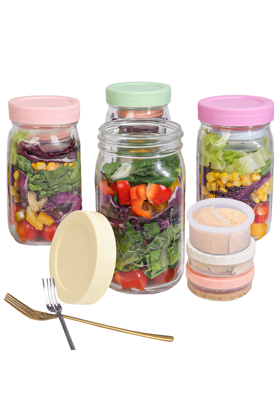 4PackGlassSaladJarswithLidsMealPrep,LeakproofContainerforLunchWith4Forks,4Built-inBoxes,8CondimentContainerswithWet/Dry SeparationforSaladandDryIngredients,32oz Jars