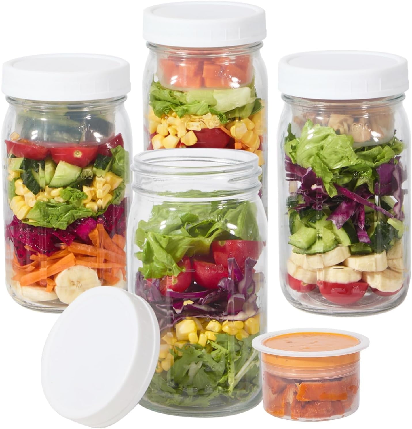 4 Pack Glass Salad Jars with Lids Meal Prep, Two Small Built-in Boxes with Wet/Dry Separation for Salad Dressing and Dry Ingredients, 32oz Mason Jars