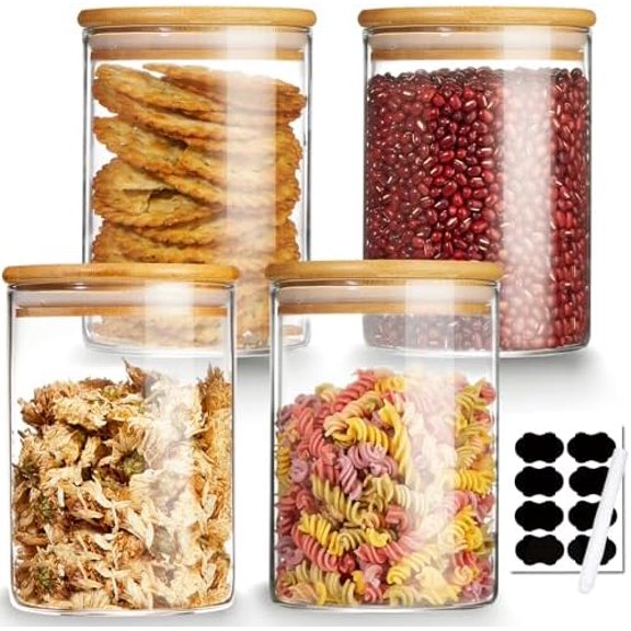 4 Pack Glass Storage Jars with Airtight Bamboo Lid, 27 OZ Glass Canisters Set with Labels, Glass Food Storage Jar for Kitchen, Clear Container for Candy, Cookie, Coffee Beans, Snacks, Spices