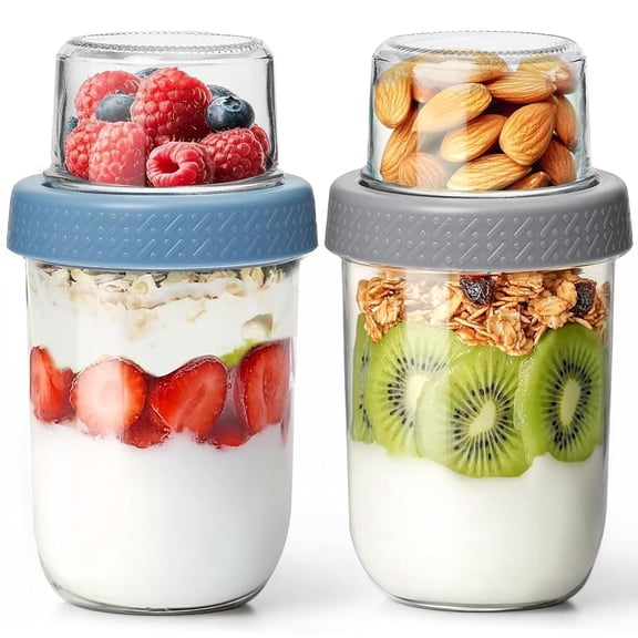 4 Pack Glass Yogurt Parfait Cups with Lids, 16+4oz Reusable Containers with Dry & Wet Separation, Leak-Proof for Overnight Oats, Meal Prep, Portable to Work & School, Easy Clean