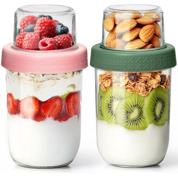 4 Pack Glass Yogurt Parfait Cups with Lids, 16+4oz Reusable Containers with Dry & Wet Separation, Leak-Proof for Overnight Oats, Meal Prep, Portable to Work & School, Easy Clean