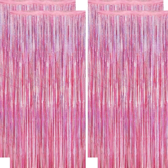 4 Pack Glitter Pink Backdrop, 3.28 FT x 7.05 FT Birthday Party Decorations, Laser Pink Fringe Curtains Foil Streamer Tinsel, Pink Curtains Photo Backdrop Happy Birthday Backdrop
