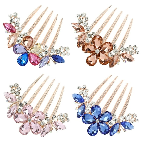 4 Pack Glitter Sparkly Jeweled Gems Crystal Rhinestones Flower Metal Hair Side Combs with Long Teeth Bun Slides Hairpins Barrettes Hair Clips Prom Wedding Accessories for Women Girls Brides