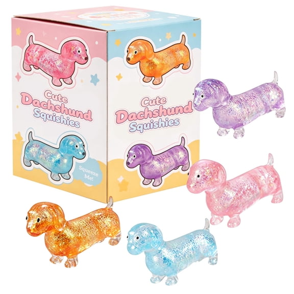 4 Pack Glitter Squishy Dachshund, Stress Relief Squeeze Ball, Soft Weiner Dog Sensory Squishy, Desk Accessory for Office Desk Study Break Travel