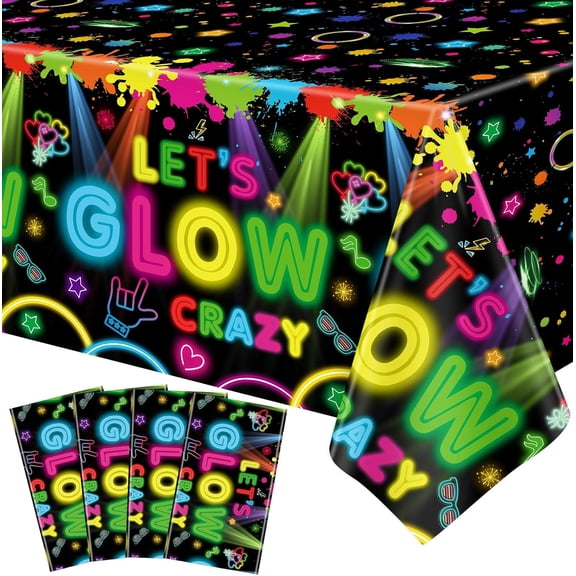 4 Pack Glow Party Tablecloth Let's Glow Neon Tablecloths Paint Splatter Graffiti Table Cloth Plastic Birthday Table Covers Black Light Decorations for Glow in The Dark Party Supplies 51 x 86 in