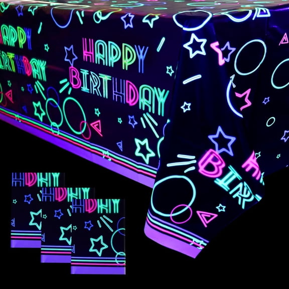 4 Pack Glow Party Tablecloth Supplies - Neon Plastic Birthday Table Cover, Black Light Fluorescence Rectangle Table Cloth 51"x86.6" for Glow in The Dark Birthday Party Decorations