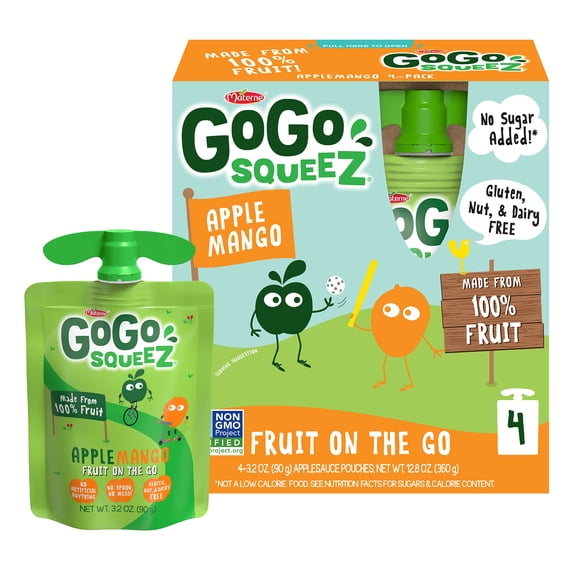 (4 Pack) GoGo Squeez Apple Mango Snack Pouch, 3.2 oz, 4 Pack