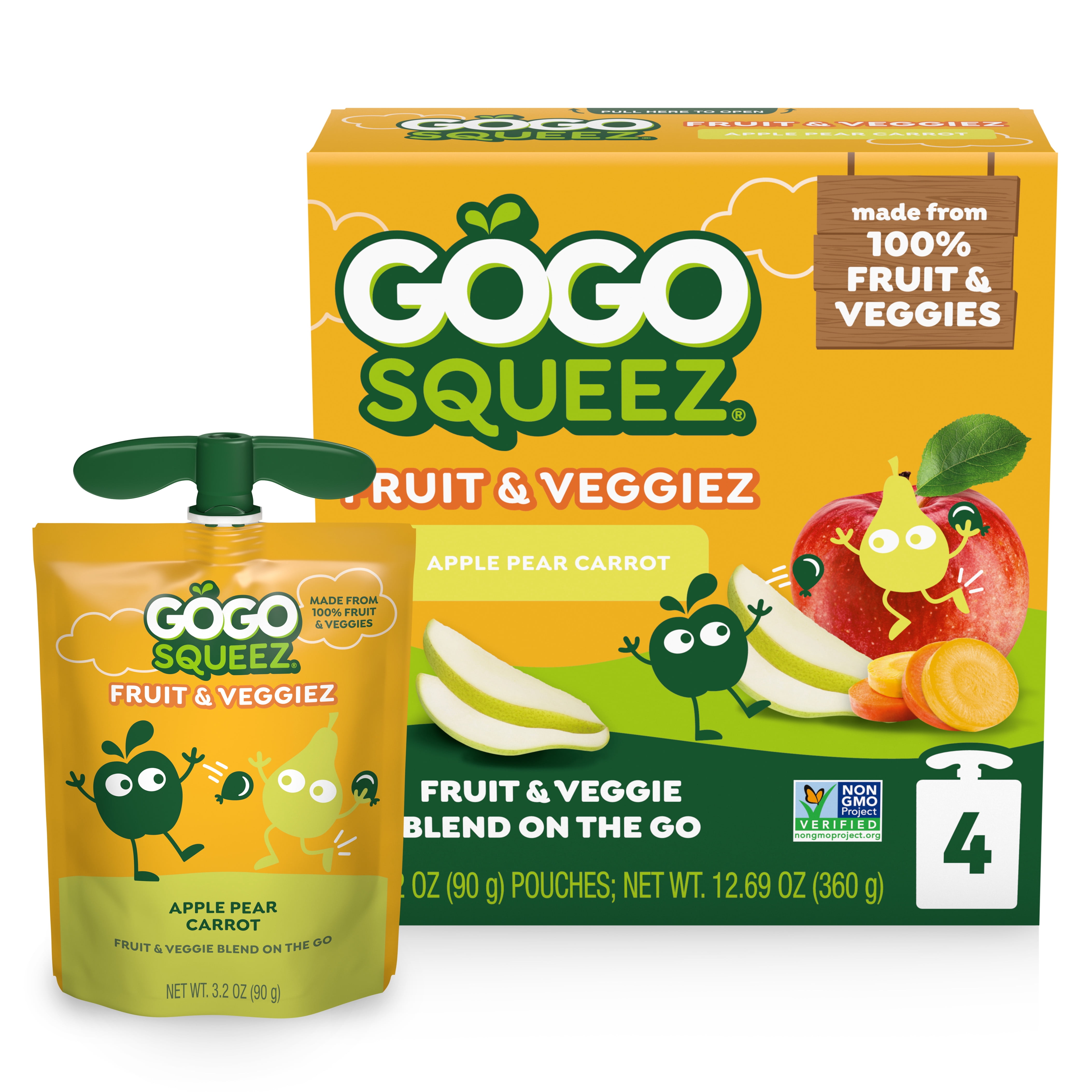 GoGo squeeZ Fruit & VeggieZ No Sugar Added Apple Pear Carrot Pouches, 3.2 oz. (4 Pouches)