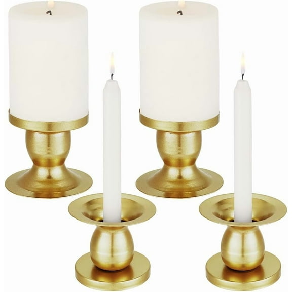 4 Pack Gold Candle Holder Metal Pillar Candlestick Stand Double Head Taper Candle Holder for Wedding Dining Room Table Centerpiece Wedding Party Decor