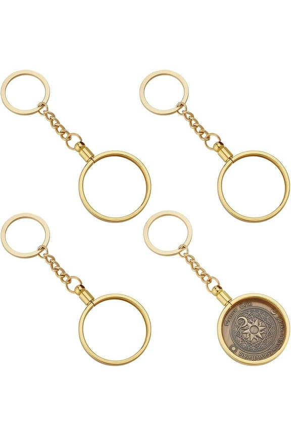 4-Pack Gold Coin Holder Keychains 1.48" Alloy Round Medallion Display Key Rings for Challenge Coins AA Chips