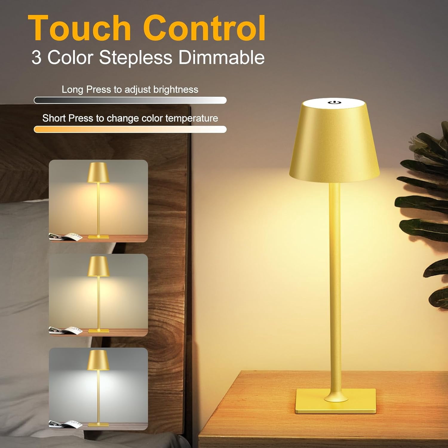4 Pack Gold Cordless Table Lamp: 6000mAh Battery Operated Touch Lamp ...