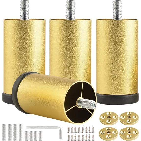 4 Pack Gold Furniture Legs 3 Inch Dresser Support Feet Metal Cabinet Adjustable Legs Replacement M8 Screw in Aluminum Alloy Cylinder Couch Risers