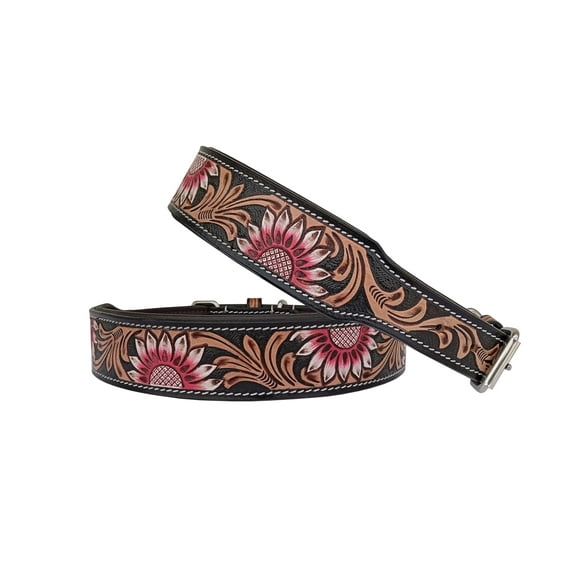 Affilare Leather Dog Collar Western Style Heavy Duty Tooled Sunflower Floral Padded for Comfort 10IS110-XS