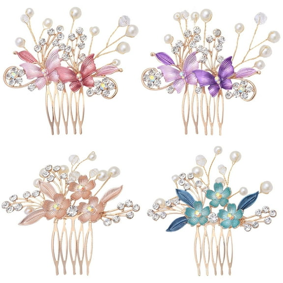 4 Pack Gold Metal Glitter Rhinestones Pearls Decorative Butterfly Flower Wedding Bridal Hair Side Combs Slides Headpieces Hair Bun Chignon Updo Accessories for Women Girls Brides Bridesmaids
