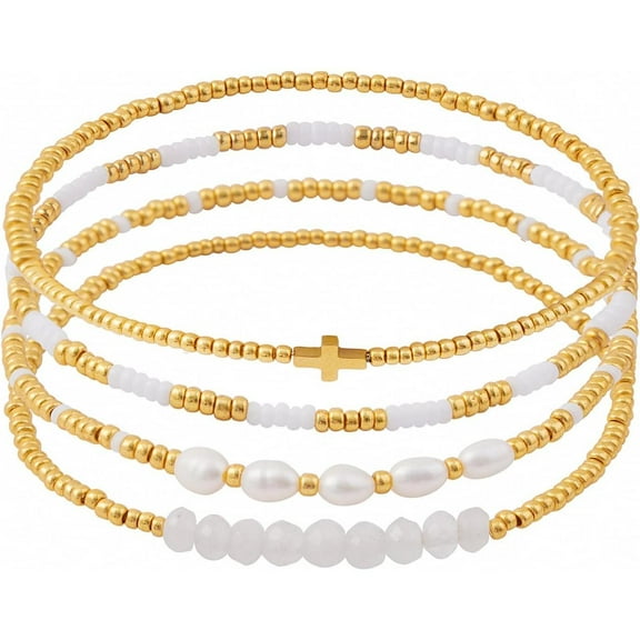 4 Pack Gold Plated Bead Pearl Crystal Beads Bracelet Stacked Cross Chain Bracelets for Women Fashion Accessories hand  chains jewelry  designer