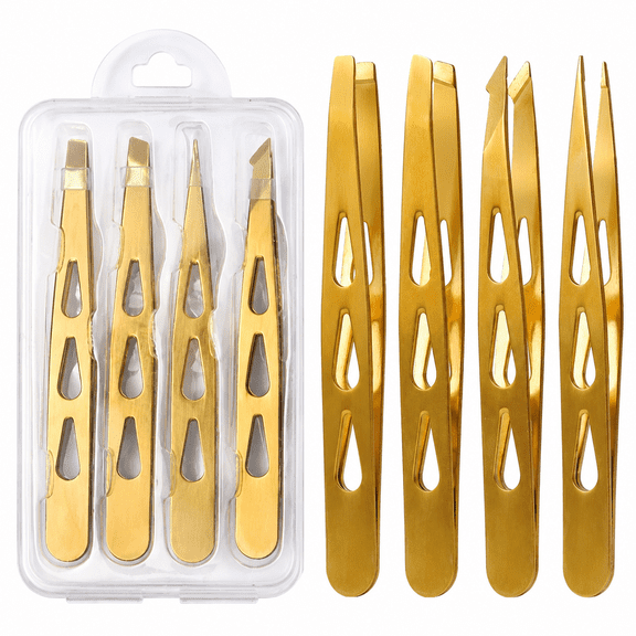 4 Pack Gold Plated Stainless Steel Eyebrow Tweezers Kit, Precision Slanted/Straight/Pointed/Curved Tip Tweezers, Professional Facial Hair Plucking Tools for Eyebrow Shaping, Ingrown Hair Removal