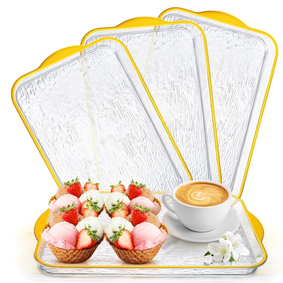 4 Pack Gold Rim Plastic Serving Tray 14.7 x 9.4 In, Elegant Decorative Dessert Rectangle Tray, Clear Jewelry Perfume Tray, Coffee Table Platters for Serving Food Dish Party Bathroom Ottoman