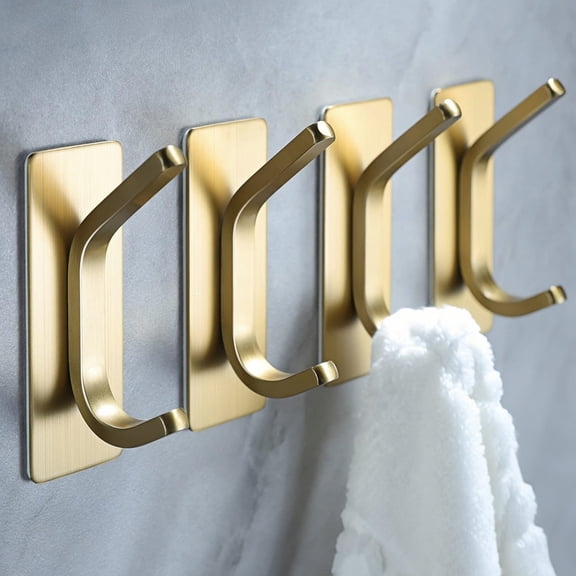 4 Pack Gold Stainless Steel Hooks for Towels, Coats, No Drilling Wall Hooks for Bathroom & Dorm
