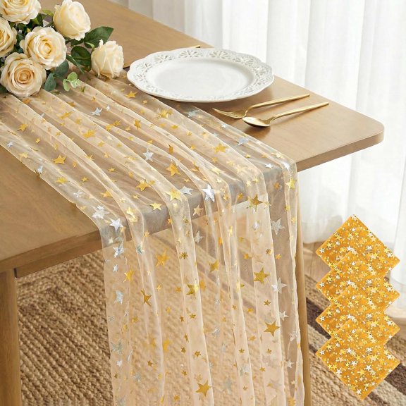 4 Pack Gold Table Runner Star Sequin Glitter Metallic Table Runner Sheer Metallic Foil Gauze Runner Gold Centerpiece Table Decorations for Wedding Birthday Home Decor Party Supplies, 72'' L x 29'' W