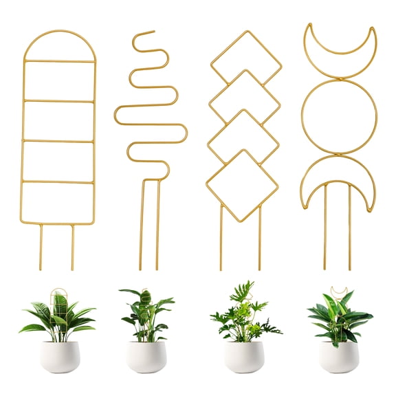 4 Pack Golden Metal Plant Support Trellis, Small Indoor Outdoor Potted Trellis with Different Patterns, for Vine Ivy Flower