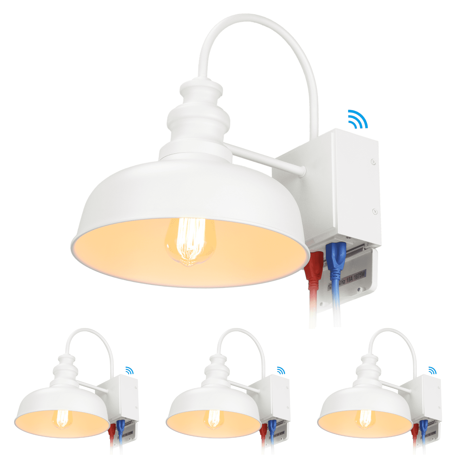 4 Pack Gooseneck Barn Light with GFCI Outlet, Outdoor E26 Base Dusk to Dawn Floodlight, Farmhouse Wall Lantern, White