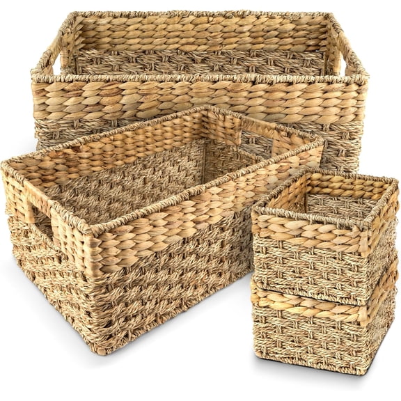 4 Pack Graduated Nesting Seagrass Hyacinth Baskets Iron Frame Reinforced Cutout Handles Food Safe For Closet Pantry Shelf Storage