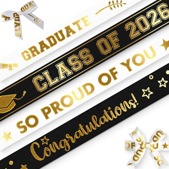 4 Pack Graduation Ribbon Class of 2026, Foil Satin Ribbon for Graduation Decorations, 20 Yards Total with 3/8" & 7/8" Width, for Hair Bow Accessory and Wrapping