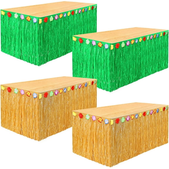 4 Pack Grass Table Skirt Natural 9 Feet x 29.5 Inch Hawaiian Table Skirt for Tropical Hawaiian Party Decorations Party Costume Party. Green and Straw Yellow