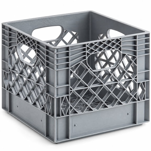 4-Pack Gray Square Milk Crate, Polyethylene, 13x13x11 Inches, Stackable with Handle, 250 lb Capacity