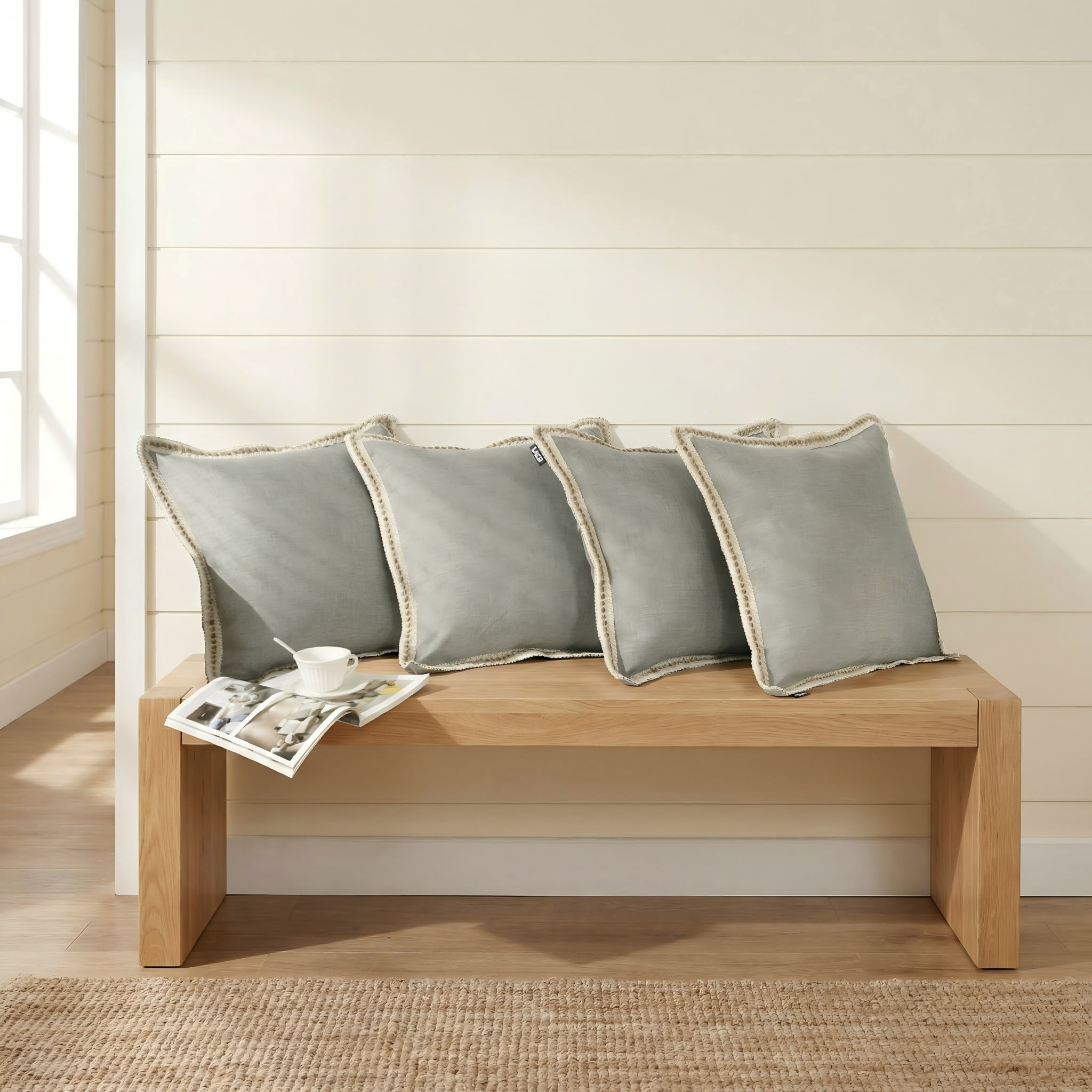 4 Pack Gray Throw Pillow Covers, 20x20 Inch Vintage Linen Trimmed Cushion Cases for Living Room Bedroom