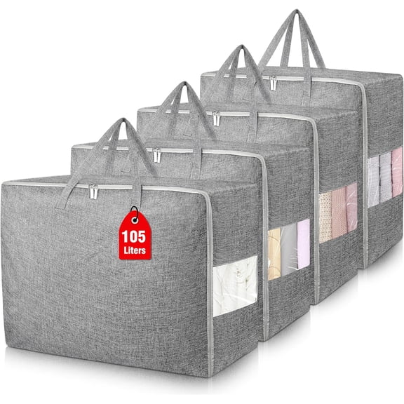 4 Pack Grey 105L Foldable Storage Bags Clear Window Handles Zippers Clothes Bedding Organizer