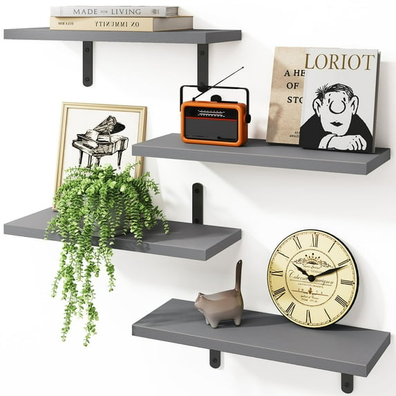 4 Pack Grey Floating Shelves for Wall, Solid Wood Farmhouse Shelving for Bathroom Storage, Bedroom Decor, Kitchen Spice Rack, Living Room Bookshelf