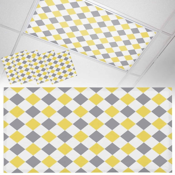 4 Pack Grey Yellow Plaid Fluorescent Light Covers for Ceiling Lights Simple Yellow White Grey Diamond Magnetic Ceiling Light Covers Overhead Light Filters for Office Classroom Home