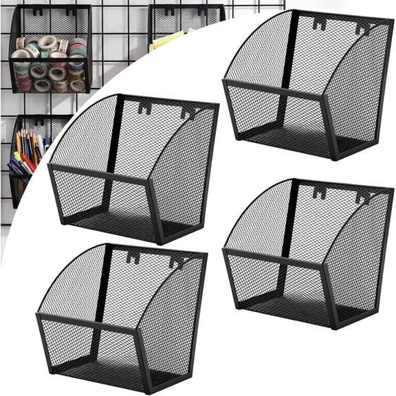 4 Pack Grid Wall Baskets Metal Wire Storage Basket Hanging Wall Mount Bins Containers Accessories for Organizing Storage Display Kitchen Office Garage Home Bathroom, Black