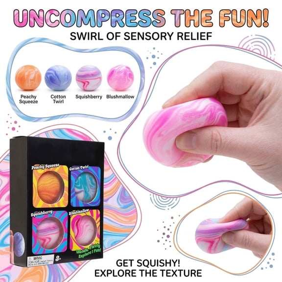 4-Pack Groovy Swirl Marbled Sensory Squish Balls | Stress Relief Fidget Toys | Calm Focus Anxiety Relief | Portable for Home Office Classroom | Soft Durable | Ages 3+