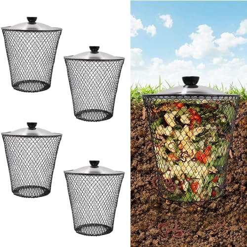 4 Pack In Ground Compost Bin Outdoor, Metal Worm Compost Bin with Lid for Organic Refuse, Worm Farm for Garden, Vegetable Patch, Backyard, Greenhouse$$Garden &