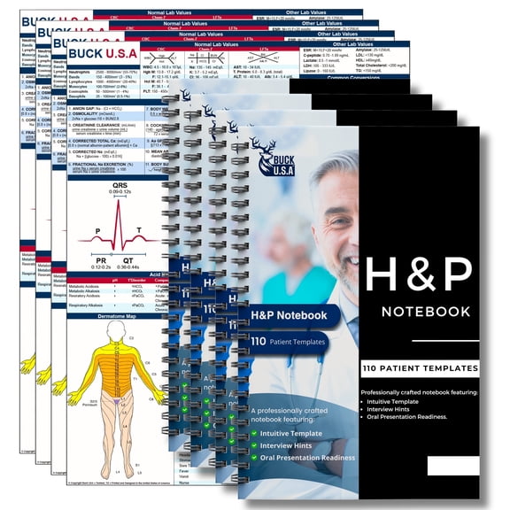 4 Pack H&P Notebook: 110 Perforated Medical History & Physical Templates, 2-Page View, Spiral-Bound, Pocket Size 8.5"x5.5", Includes Medicine Reference Sheet, Ideal for Students & Professionals