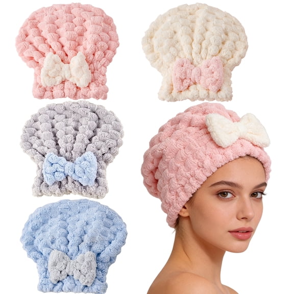 4 Pack Hair Drying Towel Cap for Women, Soft, Fluffy Hair Turban Wrap with a Cute Bow, Quick-Dry, Absorbent Shower Cap for Wet Hair, Long Hair, and Curly Hair