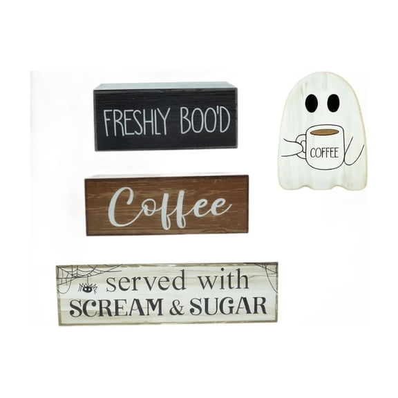 4Pack Halloween Coffee Bar Wooden Block Signs, Farmhouse Ghost Coffee Theme Tabletop Decor, Spooky Tiered Tray Centerpiece Ornaments for Kitchen Home Office Shelf Display,Multicolor