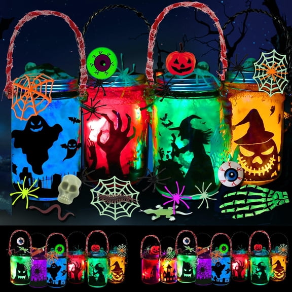 4 Pack Halloween DIY Lantern Jar Craft Kit Decor Supplies Gifts ,Halloween Crafts for Kids Ages 4-12 ,for Adult ,Crafts Activities for School, Indoor Outdoor Garden Home DIY Decor Art Kit Project