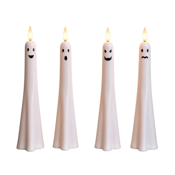 4 Pack, Halloween Flameless Candles 10 Inch Spooky Halloween Decor Ghost Face Led Candles for Indoor Table Mantel Party Haunted House Halloween Decorations, White