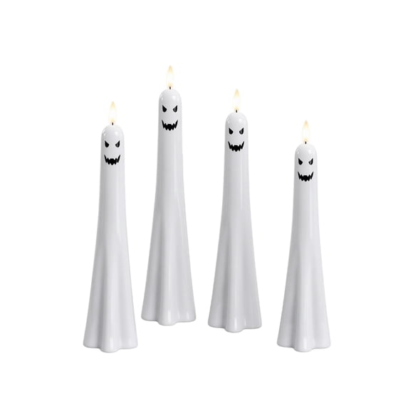 4 Pack, Halloween Ghost Decorations 9.5 Inch Flameless Taper Candles Spooky Halloween Decor for Indoor Table Mantel Party Scary Ghost Face Led Lights, 4 Pack