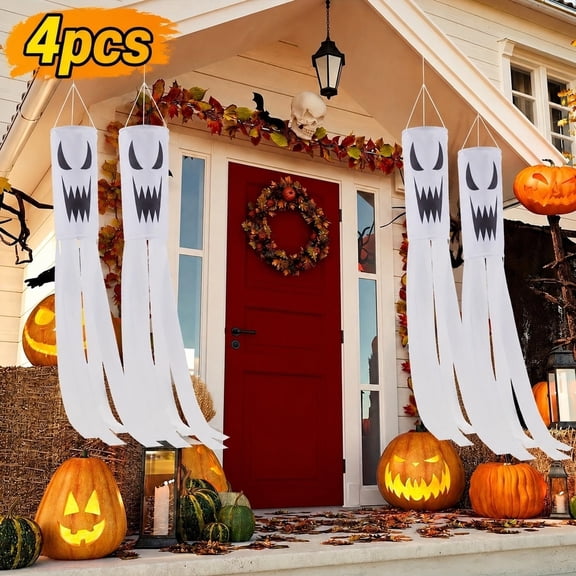 4 Pack Halloween Ghost Windsock, 100cm Hanging Yard Decoration with White Ghost Face & Streamers, No Light Outdoor Porch & Garden Flag
