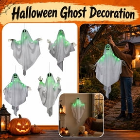 4 Pack Halloween Hanging Ghost Decorations with Green Light and Moving Arms, Multi-Expression for Outdoor Yard Amusement Park Prop, Spooky Party Decor
