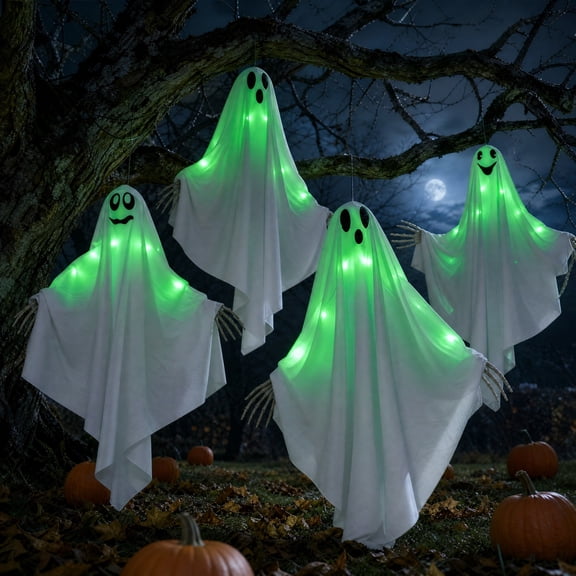 4 Pack Halloween Light-up Ghost Decorations, White Hanging Flying Ghosts for Front Yard, Patio, Lawn, Garden, Party